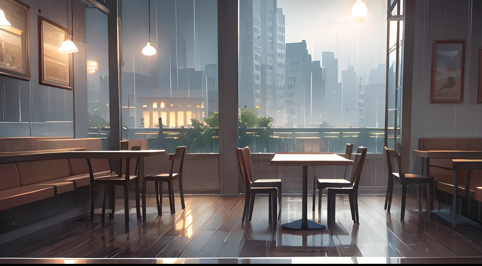 café on a rainy day illustration indoors graphic top quality landscape raining rainy day warm light café interior