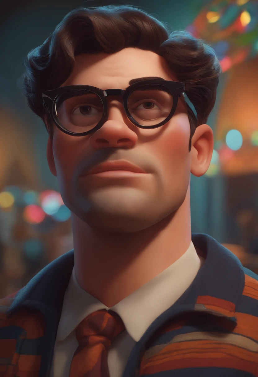 homem loiro estilo desenho animado, Pixar, wearing round glasses, segurando um revolver, camisa preta, titulo: Where's the bear.