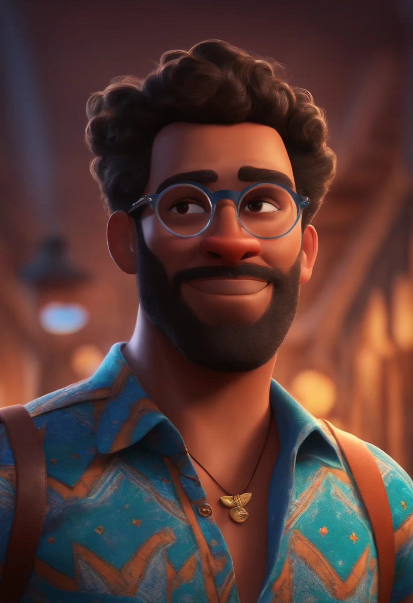 homem loiro estilo desenho animado, Pixar, wearing round glasses, segurando um revolver, camisa preta, titulo: Where's the bear.