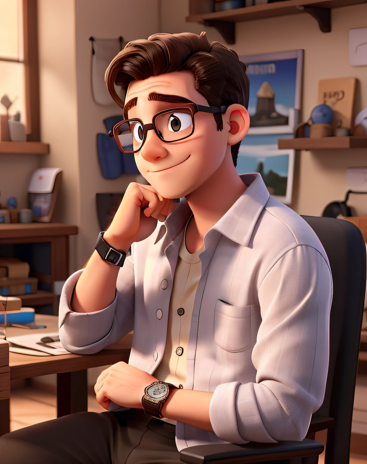 um menino de cabelo escuro,wears glasses,Got a black watch and it's home