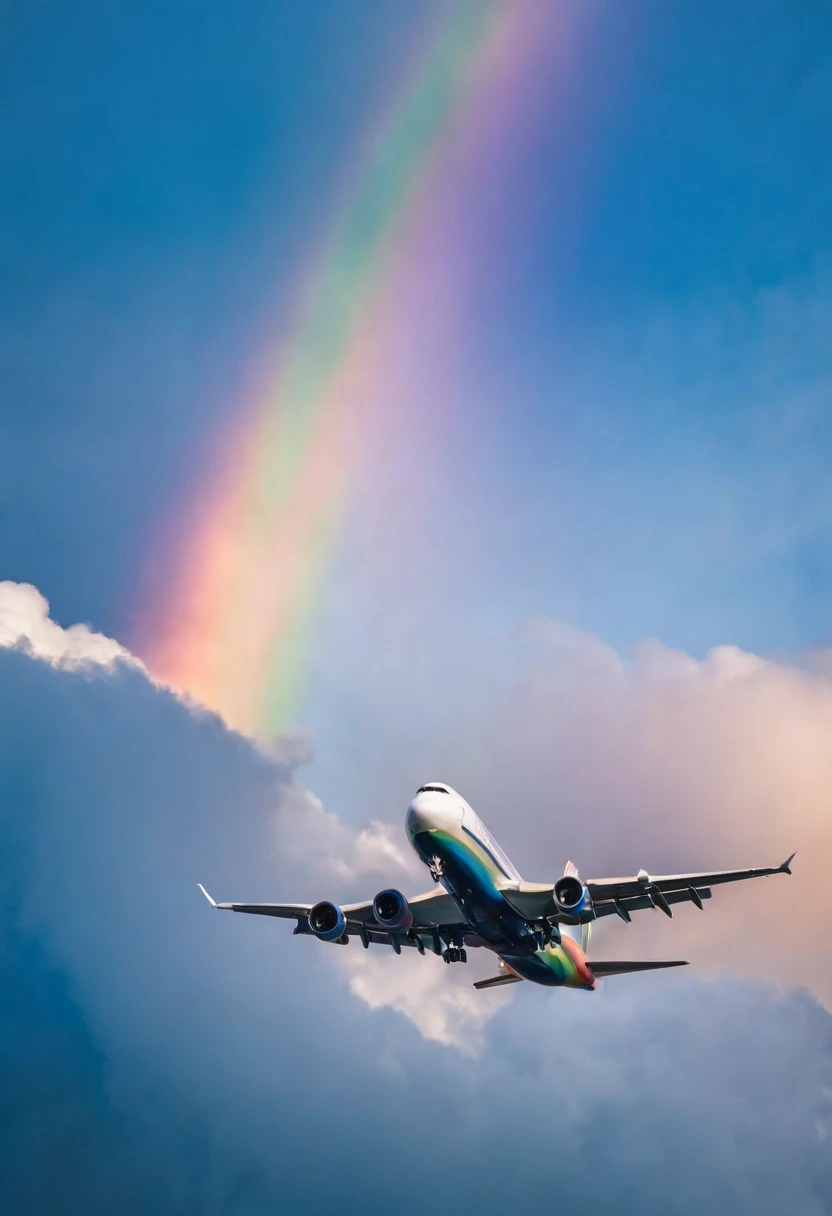 Close-up portrait of an airplane flying in the sky with clear iridescent clouds, Amazing skies, Amazing skies, Stunning rainbow colors, Vivid iridescent colors, A very colorful heaven, Amazing reflections of the sky, Colorful clouds, Colorful iridescent colors, Rainbow clouds, Rainbow clouds, Iridescent colors floating in the sky, Iridescent reflections, Magnificent iridescent colors, Beautiful rainbow, Colorful sky, Rainbow from the sky、Jumbo Jet
