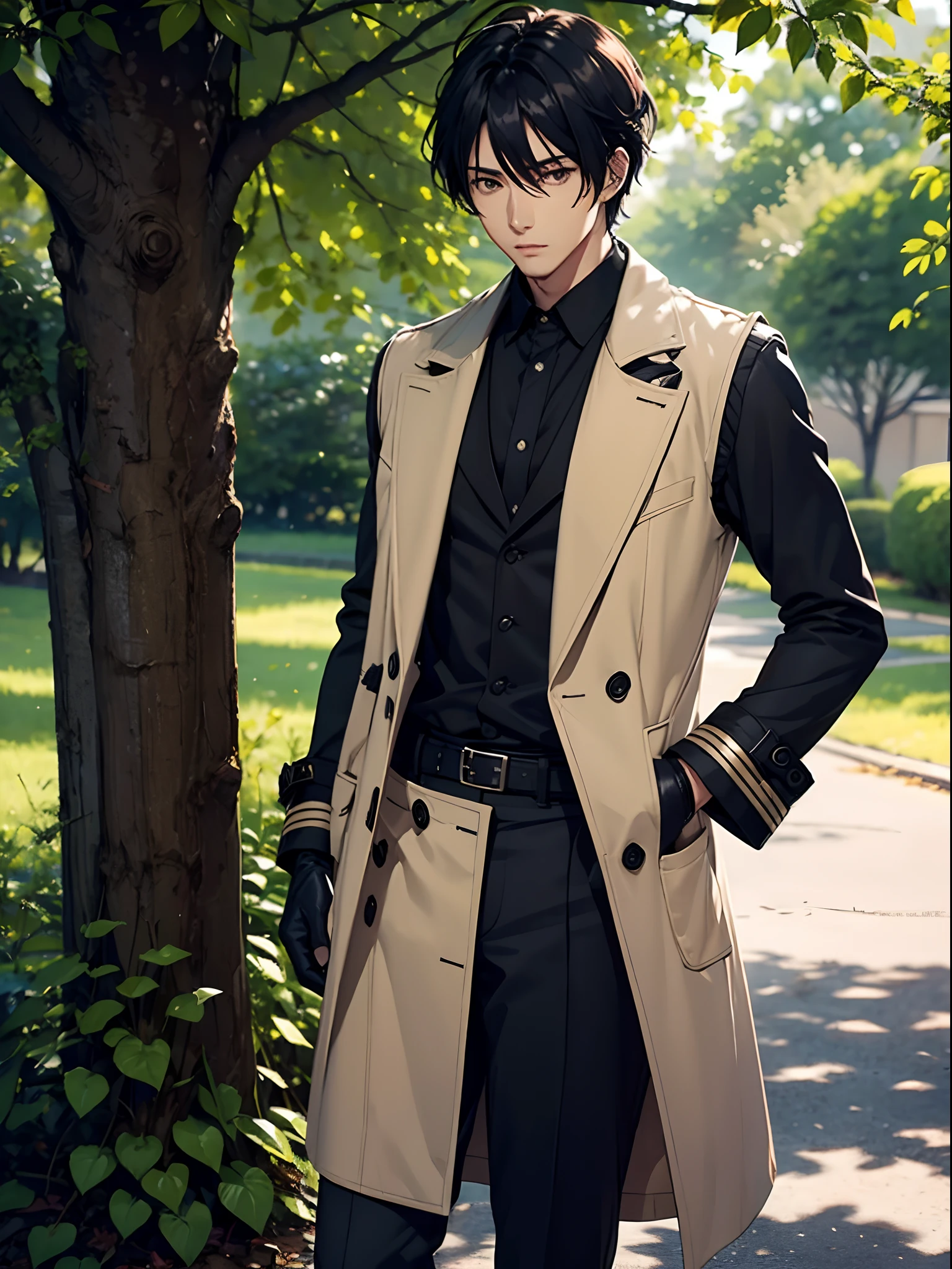 black tree leaves, handsome anime man in a long coat and gloves, casual style