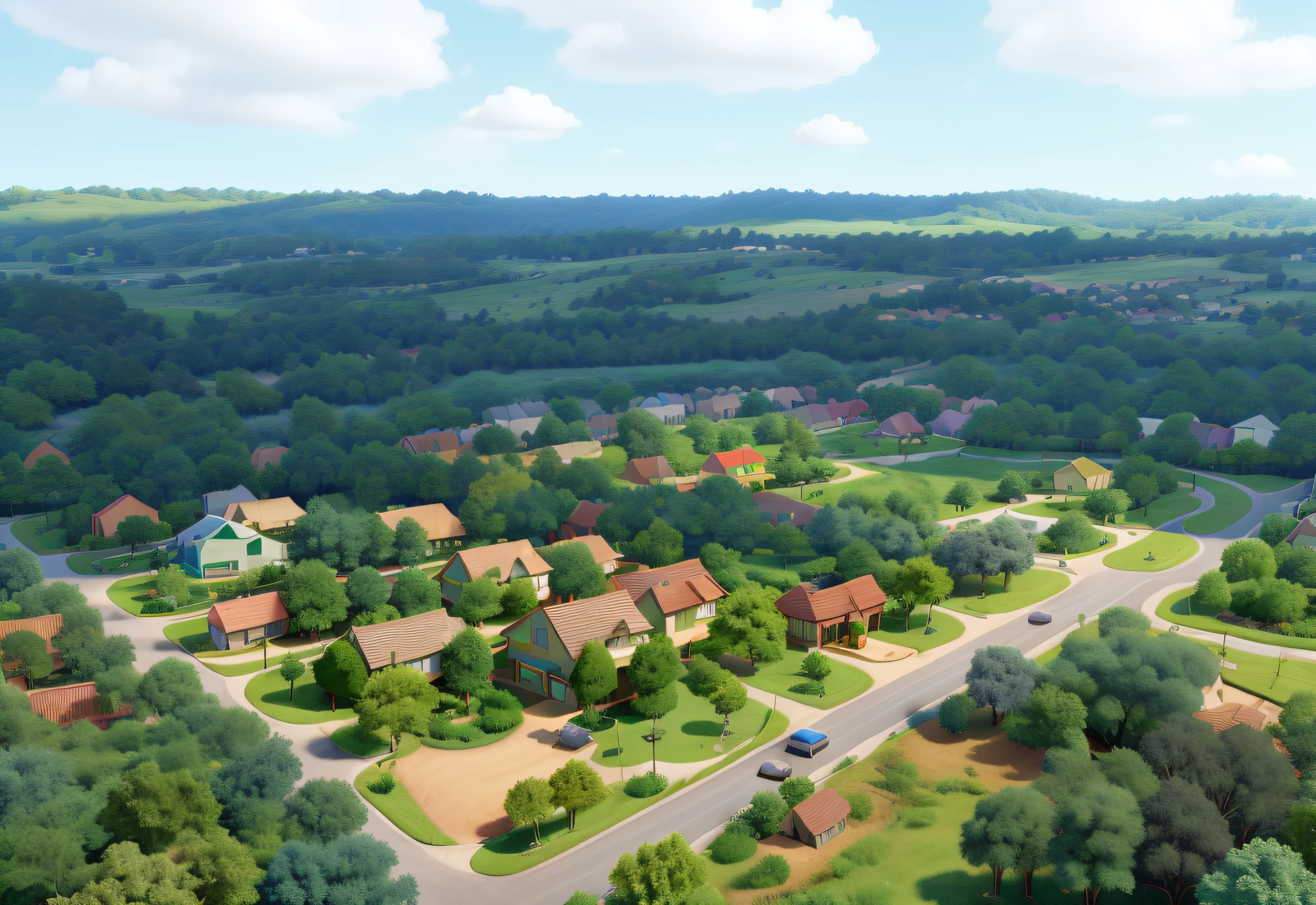Obra-prima, de melhor qualidade, A very green house subdivision and beautiful sky full of clouds, trees and well-defined houses, 3D Animation Style Pixar Disney Vibrant Colors