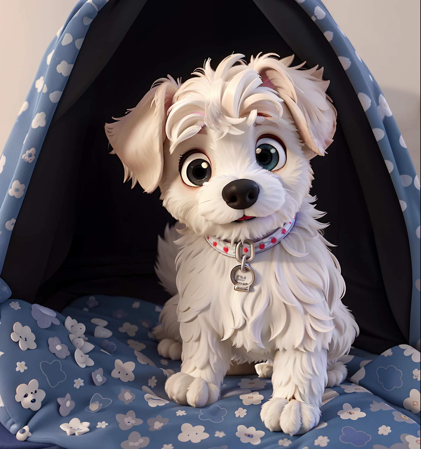 Create a Pixar-style image of a small white male Maltese/Toy Poodle mix dog