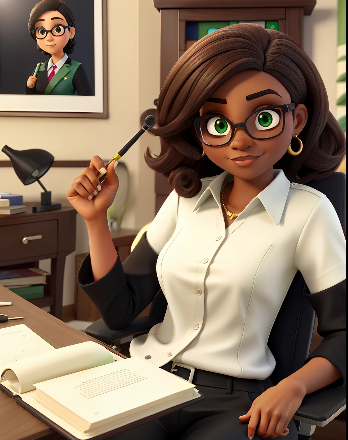 Uma mulher advogada, jovem, Serious, Chic and wise, com cabelo longo e liso escuro, olhos na cor preta, olhos esbugalhados e boca grande, with black dress pants, blusa preta e brazer verde bandeira, of prescription glasses with brown frame with ounce, salto alto preto, In a fancy law firm.
