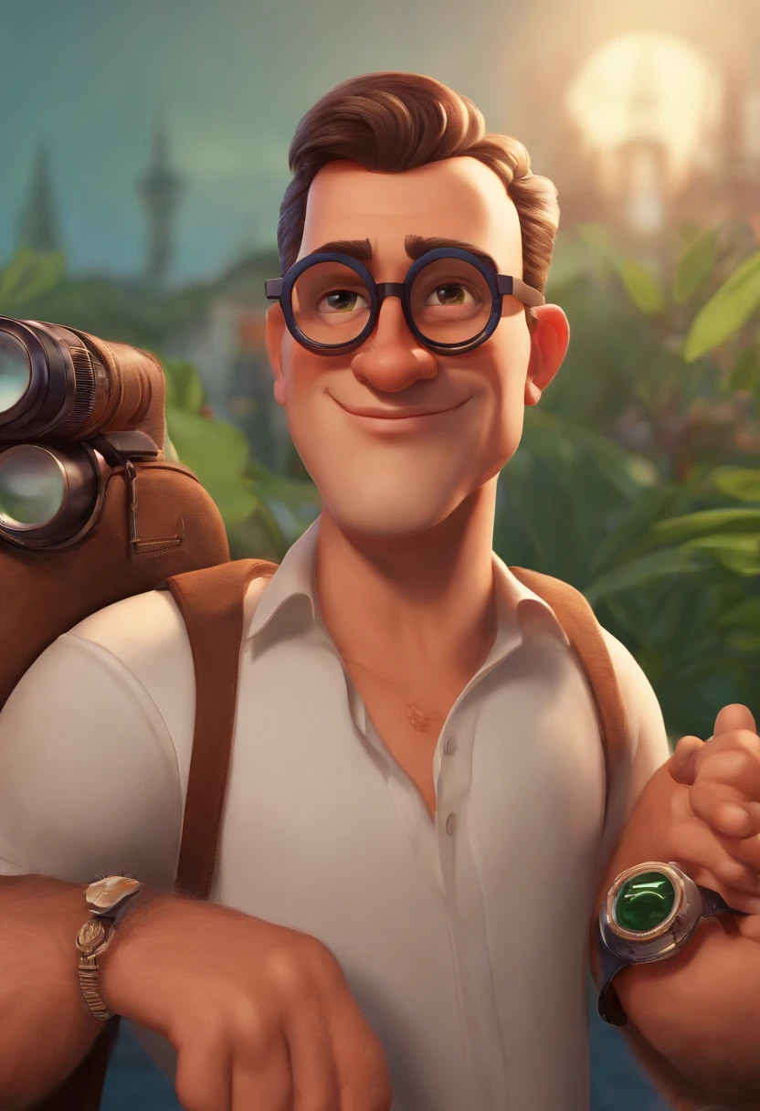 homem loiro estilo desenho animado, Pixar, wearing round glasses, segurando um revolver