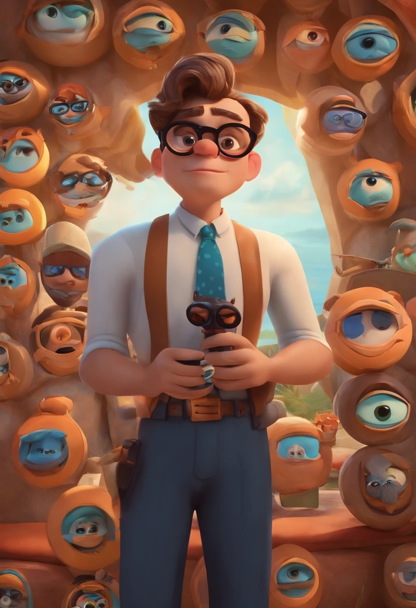 homem loiro estilo desenho animado, Pixar, wearing round glasses, segurando um revolver