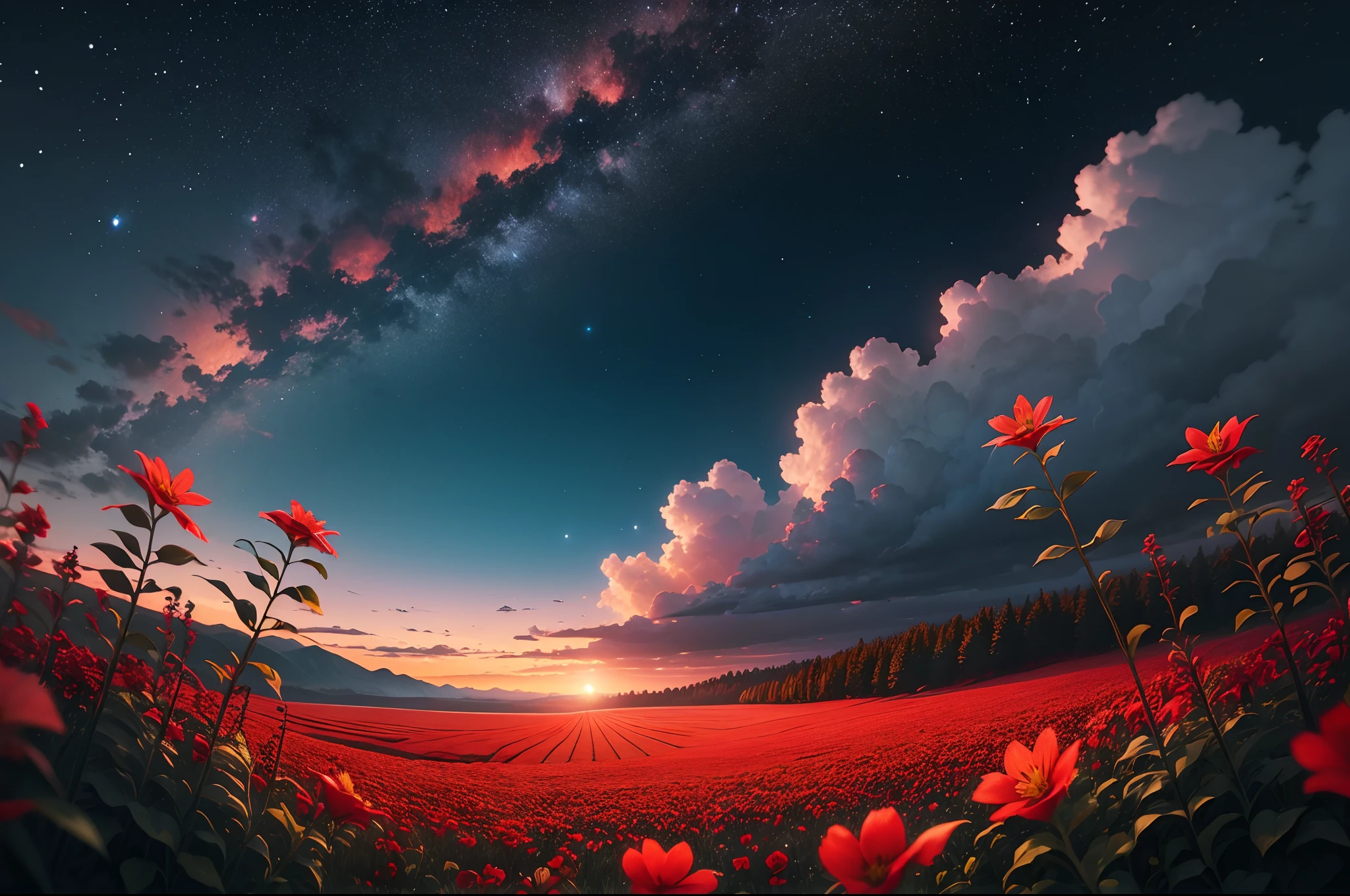 A bright night,sky filled with stars,red flowers field, landscape, ultra realistic 8k quality,