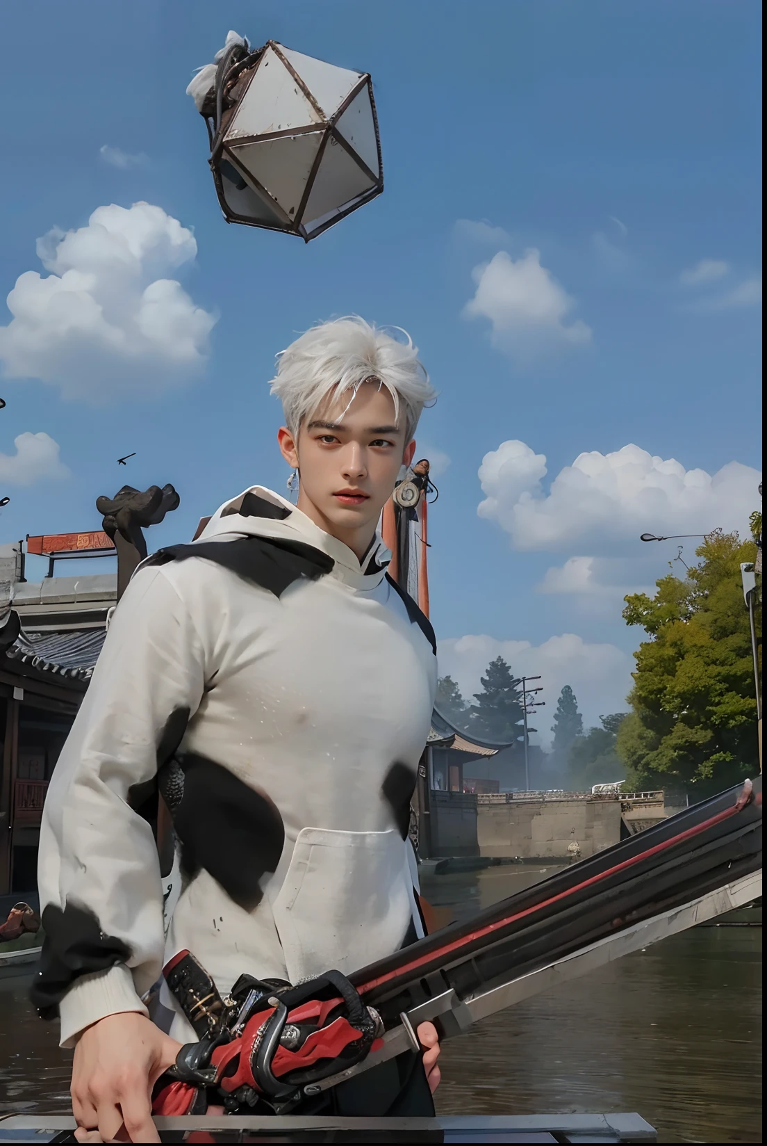 (RAW photo, Best quality), (Realistic man, photo-realistic:1.3), tmasterpiece, Young Chinese men of the Song Dynasty,Ancient Chinese white robe,The hem is flying,Exposing the pectoral muscles,Expose abs,Exposing thighs,Large bulge at the crotch,Very masculine and masculine, The is very detailed, CG, Unity , 2k wallpaper, Amazing, finedetail, Extremely detailed CG Grand Unity 8K wallpaper, hugefilesize , ultra - detailed, A high resolution, absurderes, the soft light, Pietro Boselli people, White skin of the, Detailed fingers, extremely detailed eyes ancface, Beautiful detailed nose, 美丽细致的眼睛, looking at viewert, (1人, Handsome face),Flying long hair,Bunched hair,photorealiscic face,Realistic figure,cabelos preto e longos,Stretched posture,Light WeChat,Rejoice,cheerfulness,Be red in the face,exhilarated,having fun,cheerful big breasts,mountain water,Heavy fog,ln the forest,Dingdall effect,Depth of field blur,The background is blurred with a large aperture
