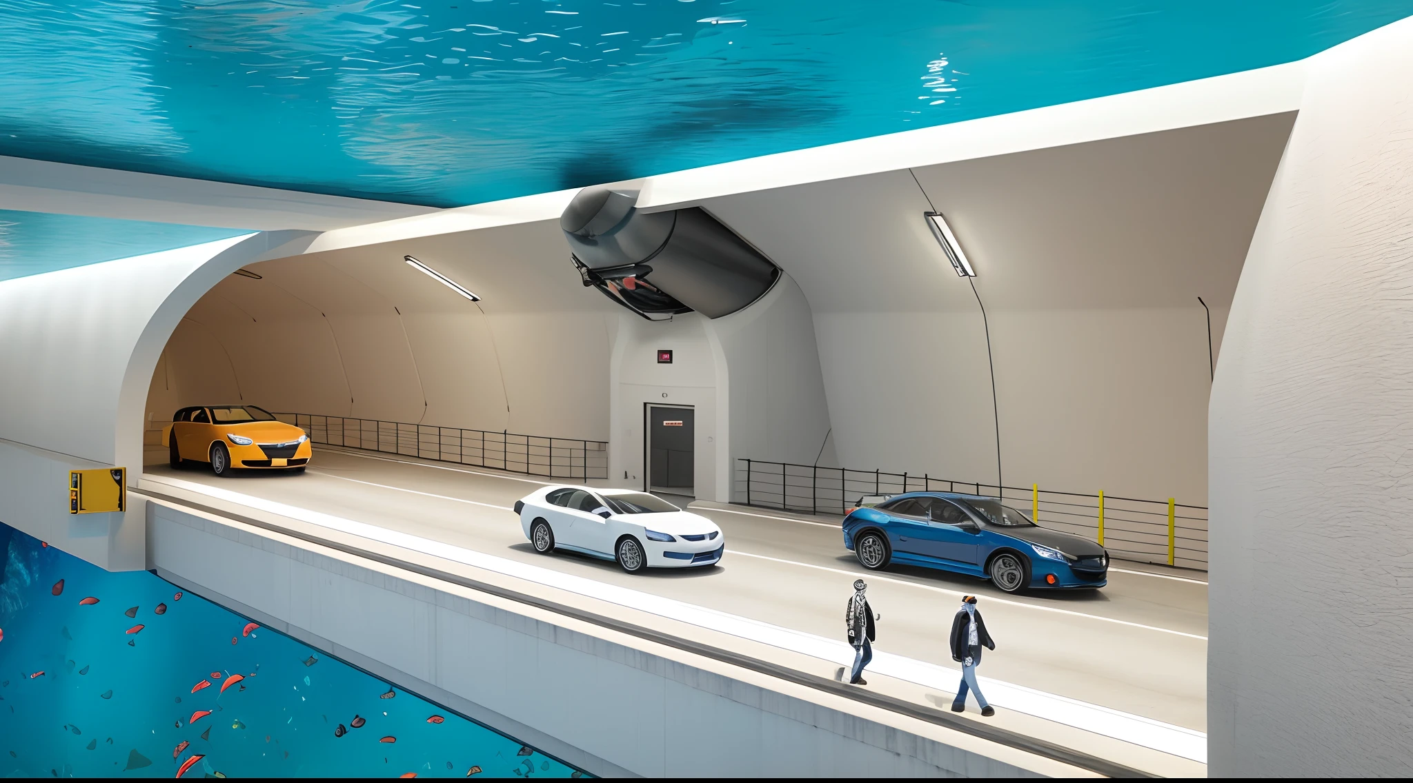 three cars driving in the left car color yellow, the center car color red and the last at the right car color is blue through a tunnelin the bottom of the sea in the background, inside the tunnel, tunnel in the sea, tunnels lead to different worlds, by karlkka, suspended underwater, transportation design render, incredible depth, a hyper realistic, artist's impression, by Jens Søndergaard, by Jon Coffelt, giant submarine, future technology, super realistic, 16k resolution, above the center car has Magni Engine Bravo 1Mb, inside the sea, tunnel in the sea, very detailed, people walking at the right side. bellow the tunnel also water with many fish