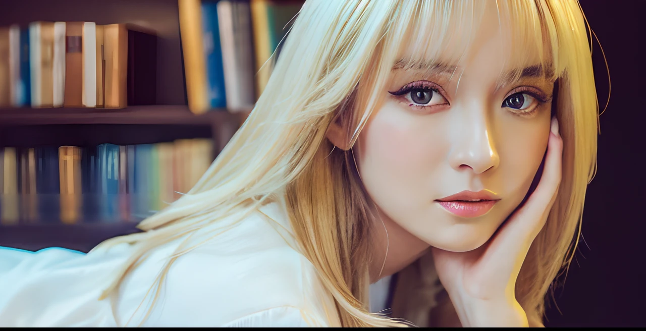 (top-quality、超A high resolution、8K、masterpiece、realisitic、Photorealsitic:1.8)、Finnish woman、独奏、BREAK、detailed hairs、blonde hair、(White skin)、hyperdetailed face、Golden Eyes、Detailed skin、Lustrous skin、Blushing cheeks、Detailed lips、having a ball point pen、Leaning forward、looking in camera、(White shirt:1.2)、BREAK、(Being drunk:1.2)、(bookcase:1.7、Bookshelf on the left、Place a person on the right)、moody lighting