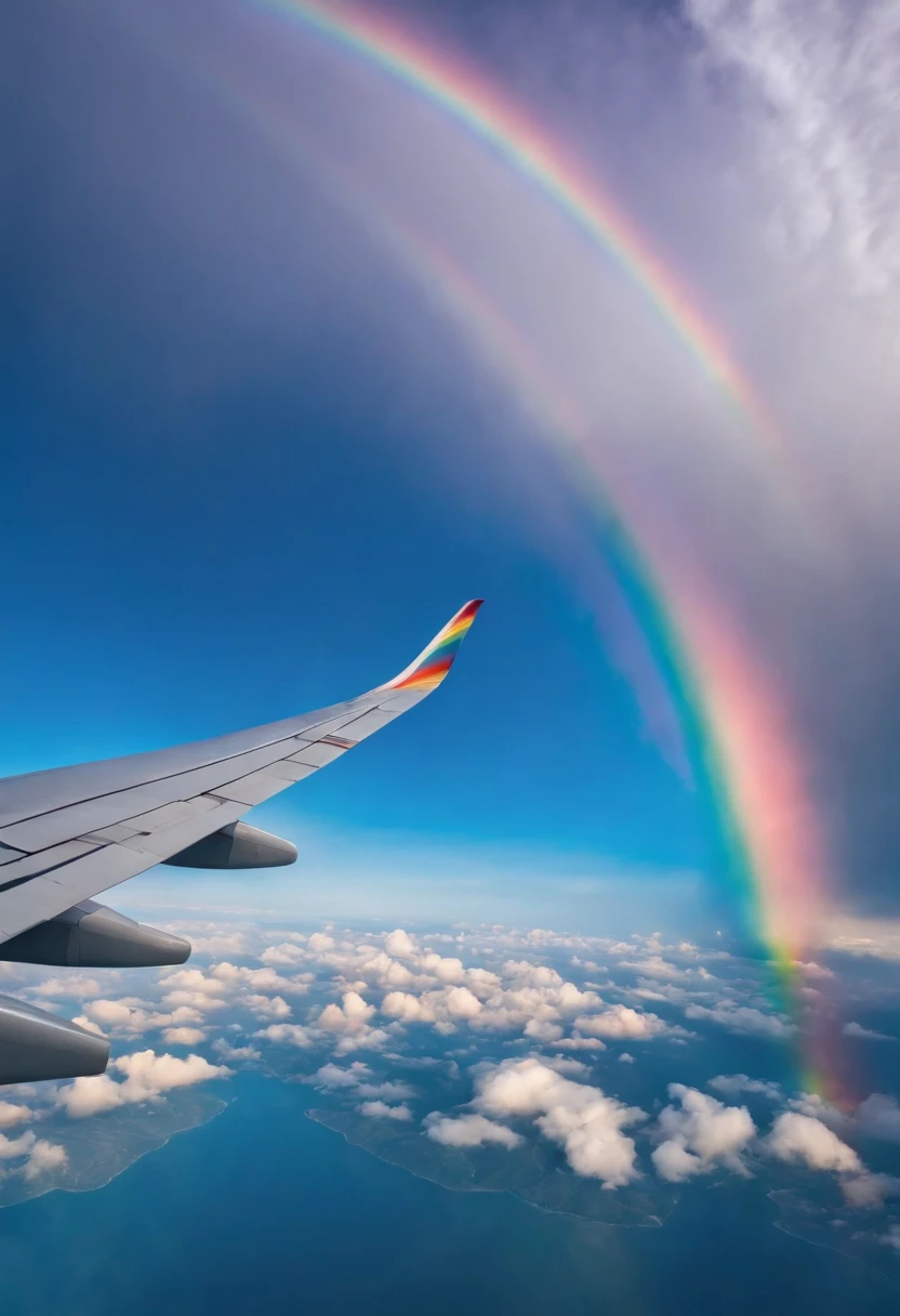 Close-up portrait of an airplane flying in the sky with clear iridescent clouds, Amazing skies, Amazing skies, Stunning rainbow colors, Vivid iridescent colors, A very colorful heaven, Amazing reflections of the sky, Colorful clouds, Colorful iridescent colors, Rainbow clouds, Rainbow clouds, Iridescent colors floating in the sky, Iridescent reflections, Magnificent iridescent colors, Beautiful rainbow, Colorful sky, Rainbow from the sky、Jumbo Jet、Jumbo Jet Rises、
