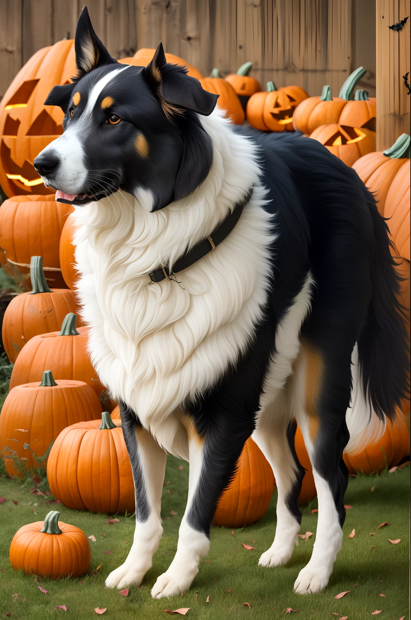 Black lab dog wearing a pumpkin custome