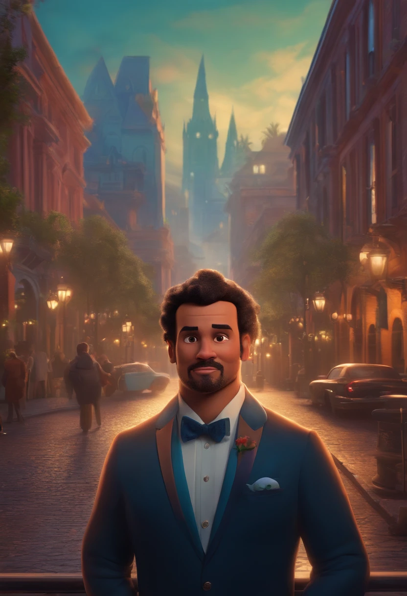 A city councilman looking at a dream project inspired by Pixar animation, de perto. The character takes center stage with captivating facial expressions, oferecendo um toque de irrealidade