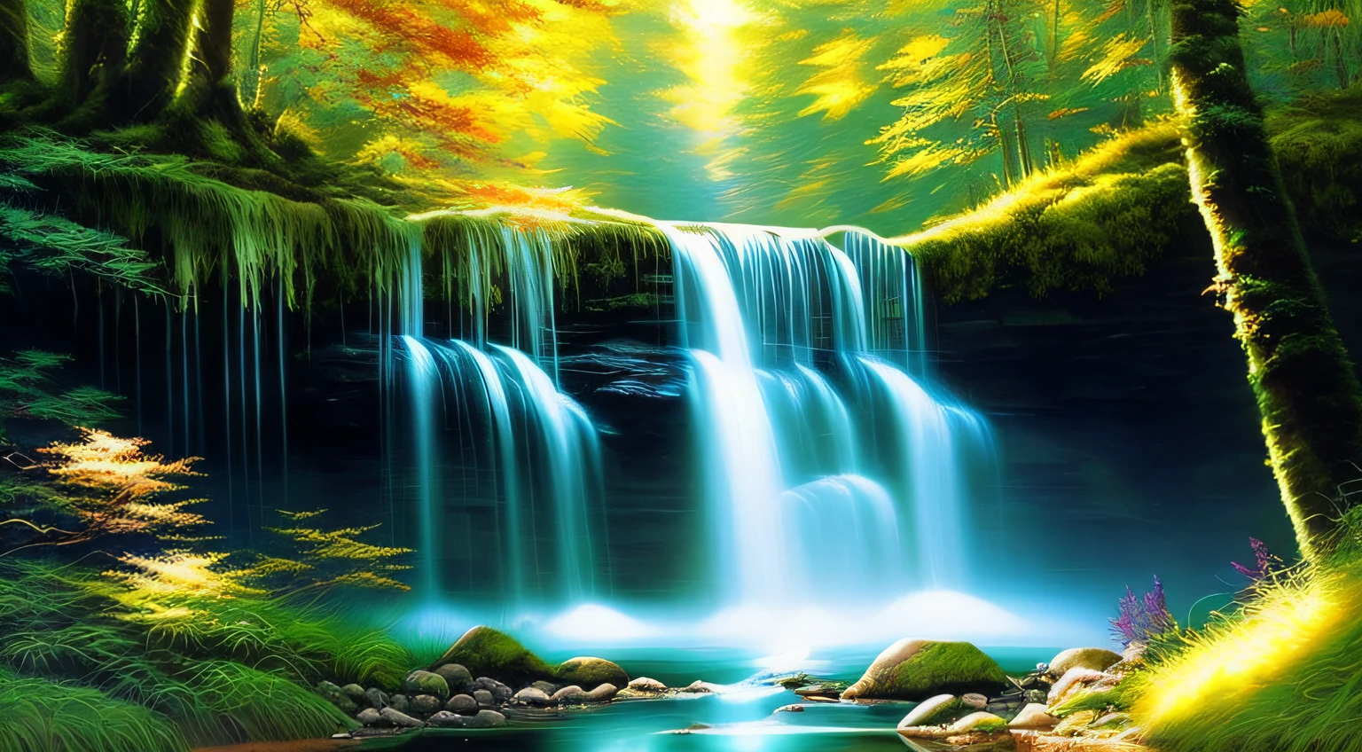 painting of a waterfall in a green forest with a sunbeam, waterfalls, amazing depth, breathtaking masterpiece of art, peaceful beautiful waterfall, multiple waterfalls, an endless waterfall, (waterfall), waterfall(beautiful, waterfall backdrop, waterfall, beautiful art uhd 4 k, streams of flowing light, soft airbrushed artwork, immense waterfall, cascading iridescent waterfalls