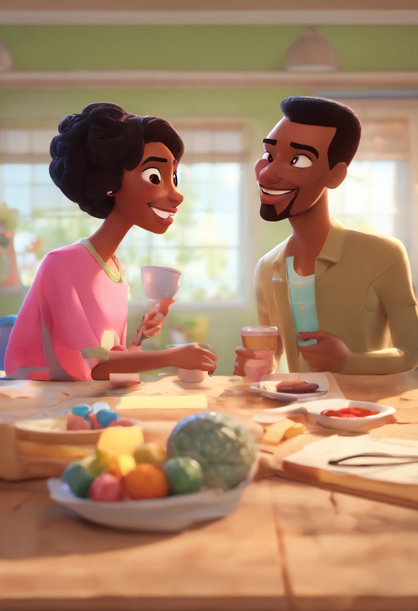 An illustration of a black couple, destacando um homem e uma mulher com bonito, Expressive eyes – the man's skin is black and the man's hair is bald and black, while the woman's skin is black and the woman's hair is curly and black. They are a bright room, cada um com um sorriso no rosto, e compartilhar um momento especial caracterizado pelo amor, arroz, e insights educacionais. Illustrate this scene from a perspective where they are facing away from the camera, Showing Your Connection. Desenvolva esta arte em Full HD, Focus on your cinematic touch, Estilo Disney Pixar Animations