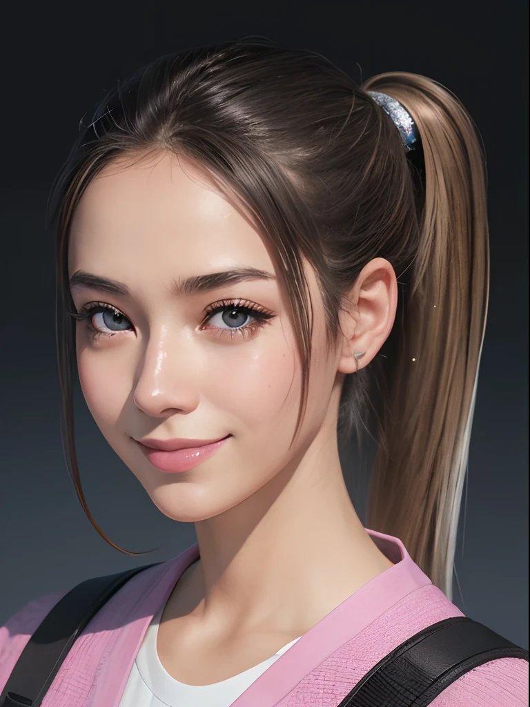 Woman, side ponytail, gradient eyes, nervous smile, Hyperrealism, sparkle, Fujicolor, viewfinder, atmospheric perspective, 35mm, 8k, masterpiece, anatomically correct, textured skin, high quality