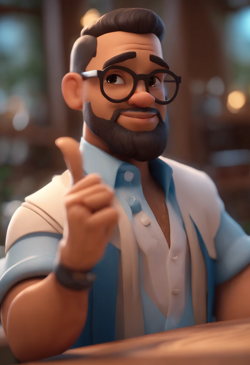 personagem dos desenhos animados de um homem jovem estilo pastor magro de cabelos castanhos extremamente curtos, barba grisalha , Brown eyes with blue-framed glasses, Wide lips praying with blue dress shirt animation character, Caractere estilizado, animation style rendering, 3D estilizado, Arnold Maya render, 3 d render stylized, toon render keyshot, Personagem 3D, Personagem 3D, 3d rendering stylized, 3 d character render, personagem de desenho animado, Personagem de close up, Pose de personagem, (Estilo Pixar) (master part:1.2) (Bokeh) (best quality) (pele detalhada) (textura detalhada) (8k) (argila) (Cinematic lighting) (foco nítido