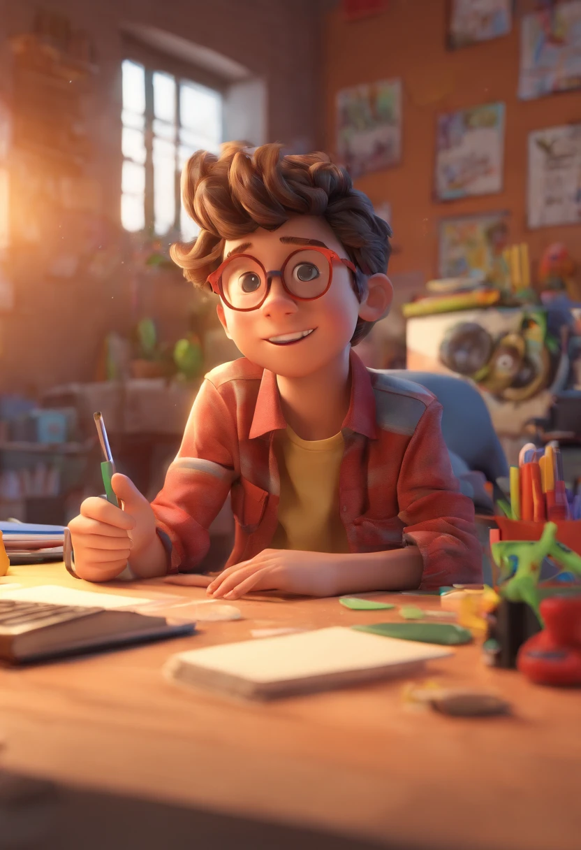 Crie um cartaz inspirado na Disney Pixar, A brunette man with curly hair wearing glasses
