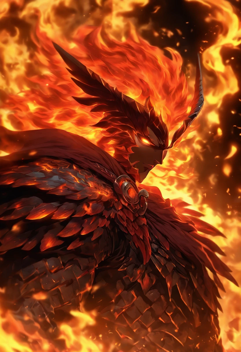 It's a ghostly necromantic monster,Male anime character with long fiery red hair and blonde eyes, Character Album Cover, full art, fantasy character, full art illustration, full portrait of elementalist, character profile art, official character art, official character illustration, merlin, high detailed official artwork,A demon in armor,((red flames,Burning flames,A cloak of flame shaped like wings:1.3)),Hot hell,Fire Demon Ifrit,Wrapped in a powerful set of armor. The metal plate is decorated with an intricate design,Reminiscent of a flickering flame licked on the surface,An illusory body of fluorescent red,(Facial focus) ,Very detailed CG unity 8K wallpaper,hugefilesize,ultra - detailed,A high resolution,absurderes,beautidful eyes,Ray traching,dramatic shadow,finely detailled,Dramatic angles,Hyper-detailing