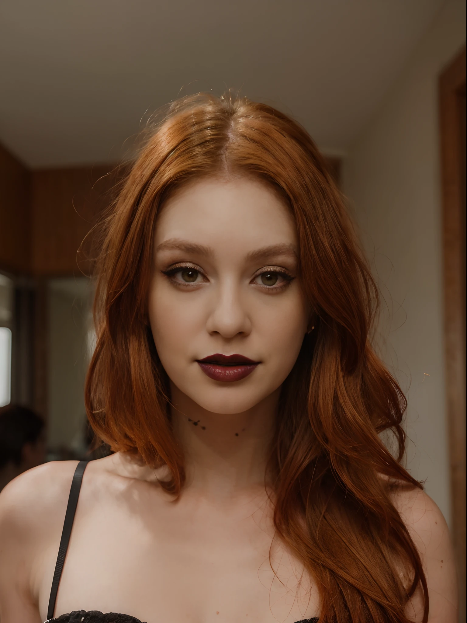 A woman posing for a picture, (orange red hair), (straight hairstyle), black lipstick