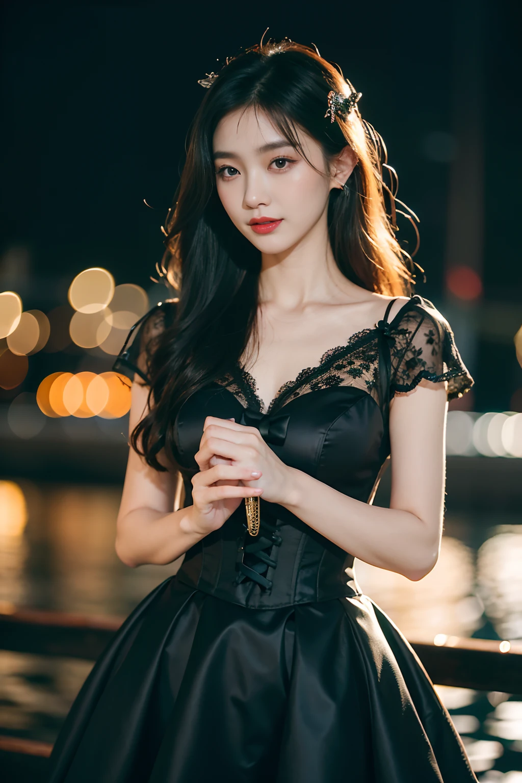 Close-up of a woman in a black dress, holding a purse, White lace trim, Played by Yang J, Korean fashion model, Black lace, elegant corset, Lace dress, ulzzangs, Lace by Ni Tian, Lace bow, Exudes sexiness (8x), Come to the creek, Dreamy, Ethereal, Dark, Smiling, Sexy style, Charming lady, Mall. (Best quality, 4K, 8K, A high resolution, Masterpiece:1.2), Ultra-detailed, Realistic, hdr, Studio lighting, a professional shot of, Vibrant colors,Hair ribbon, Bokeh, Lace details, Sharp focus, Physically-based rendering.