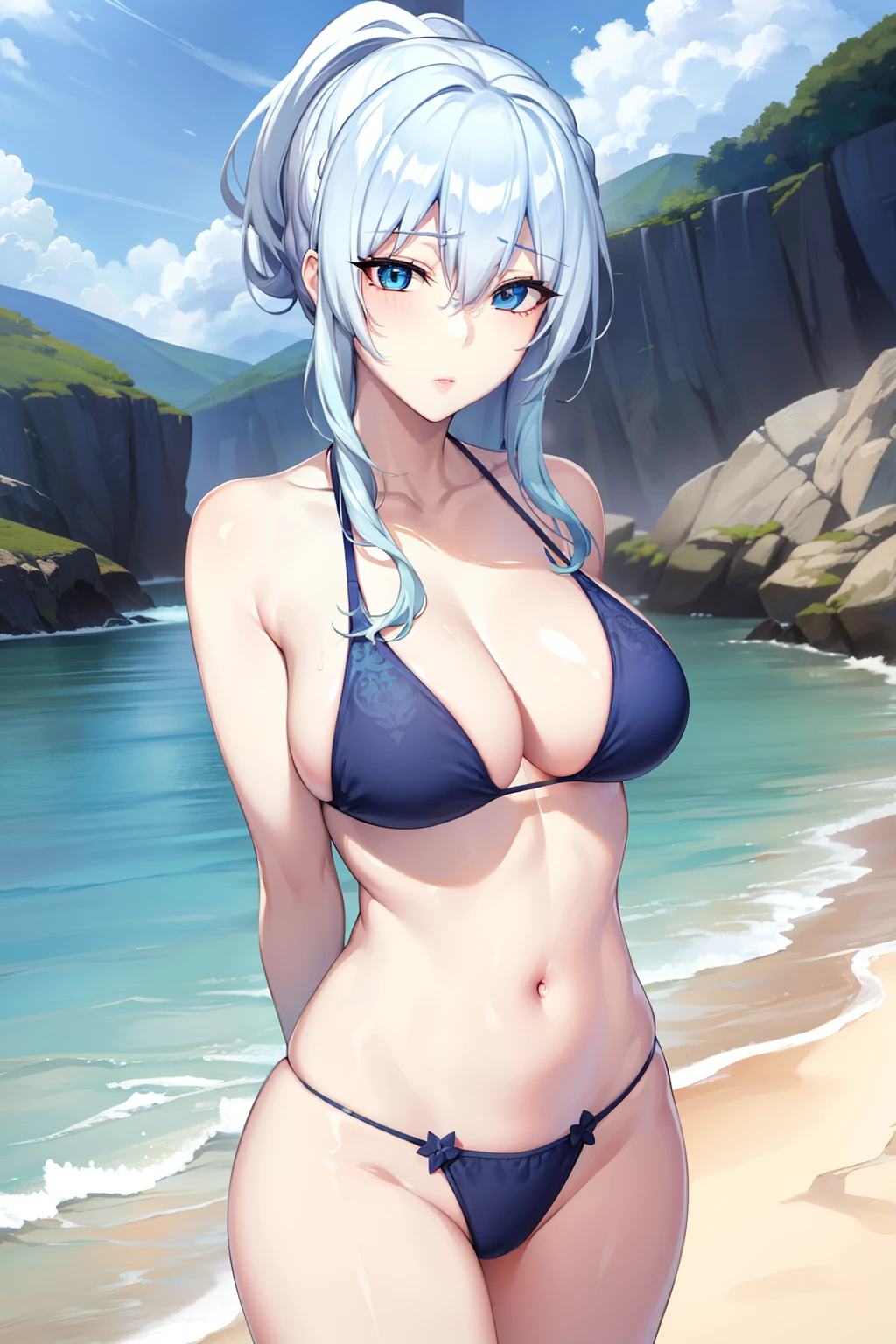 Yukio Yukino, Yuna Yukino, Long hair, Bangs, Blue eyes, hair between eye, Blue hair, Ponytail,looking at the viewers, (Cowboy Shot:1.5),BREAK (masutepiece:1.2), Best Quality, High resolution, Unity 8k壁纸, (Illustration:0.8), (Beautiful detailed eyes:1.6), extra detailed face, Perfect Lighting, extremely details CG, (Perfect hands, Perfect Anatomy),(Light blue bikini:1.3)、(the beach :1.3)、red blush、embarrassed from、thighs thighs thighs thighs、Bare neck、Bare arms、bare shoulders​、bare elbows、