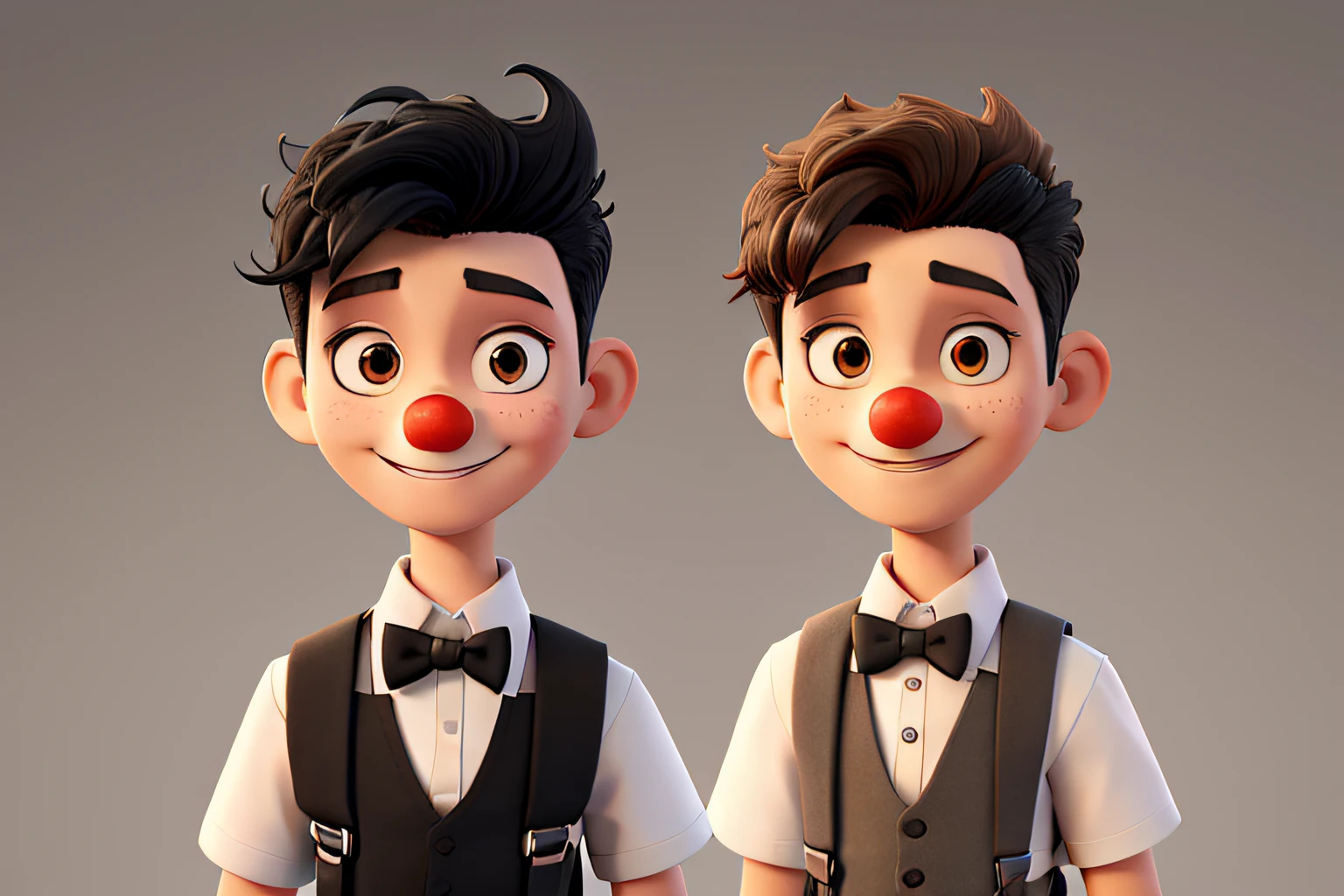 A skinny clown with black quiff hair, wearing a white t-shirt, light brown vest with suspenders and a bow tie