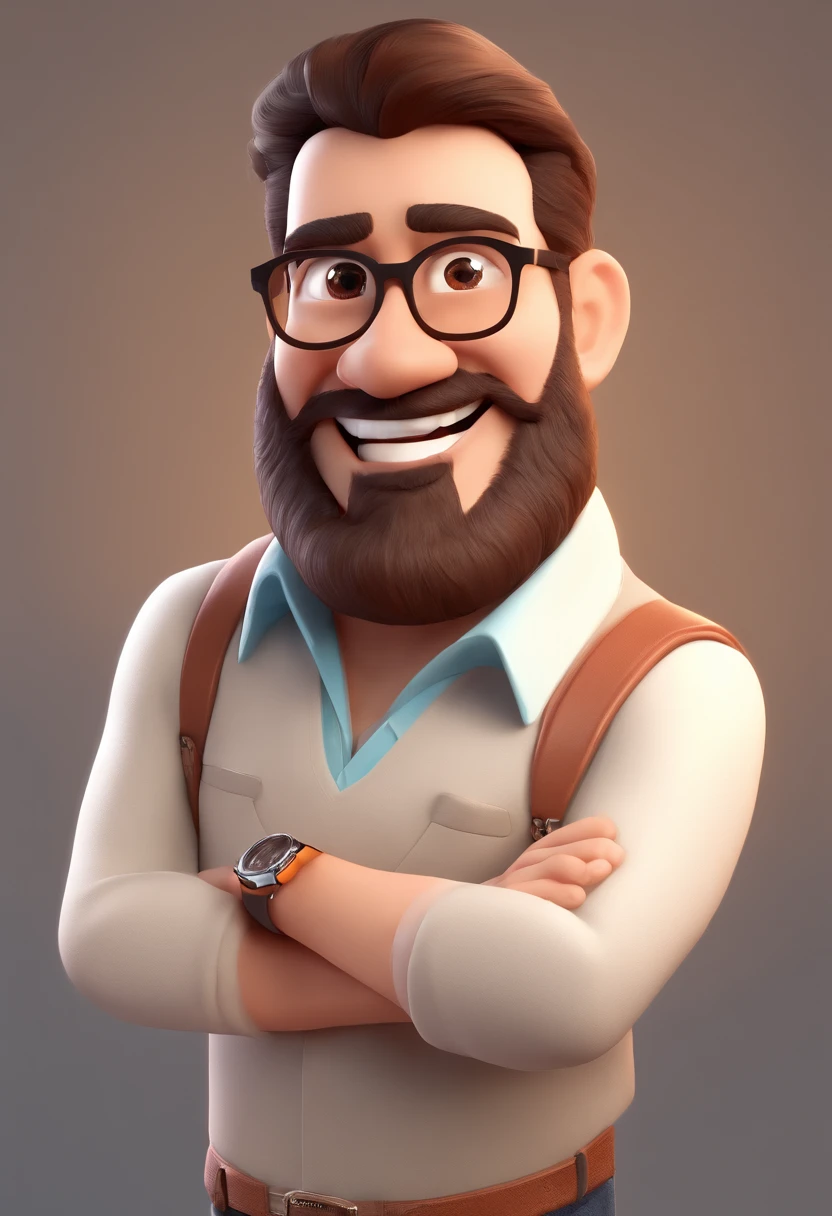 Smiling Man Illustration, sorriso insano, Homem de pele marrom com um sorriso gigante, happily smiling at the camera, sorriso atrevido, he's smiling, sorriso muito grande, Macho sorridente, foto de perfil headshot, rindo sorriso enorme, desenhando no estilo de Arte 3D, c4d, fundo de cor branco puro, estilo disney, estilo pixar render ilustracao Super Detalhe, 8k, com barba pequena, eyeglass, wearing jacket
