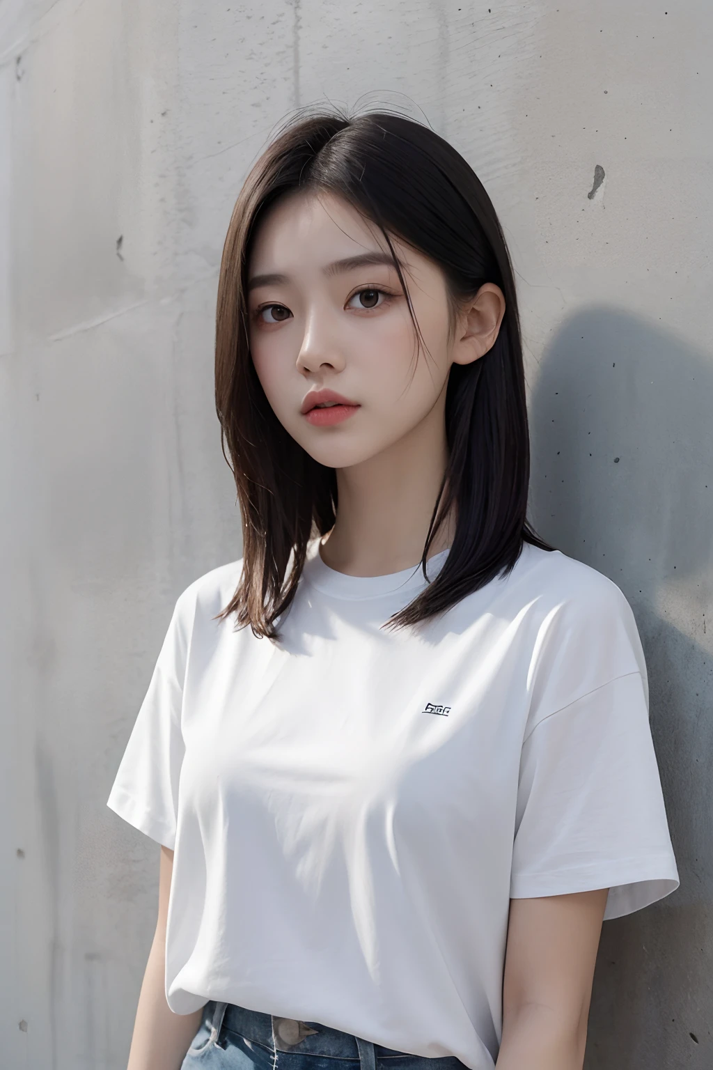 1girl in、white t-shirts、Concrete background、Medium hair、top-quality、Top image quality、8K