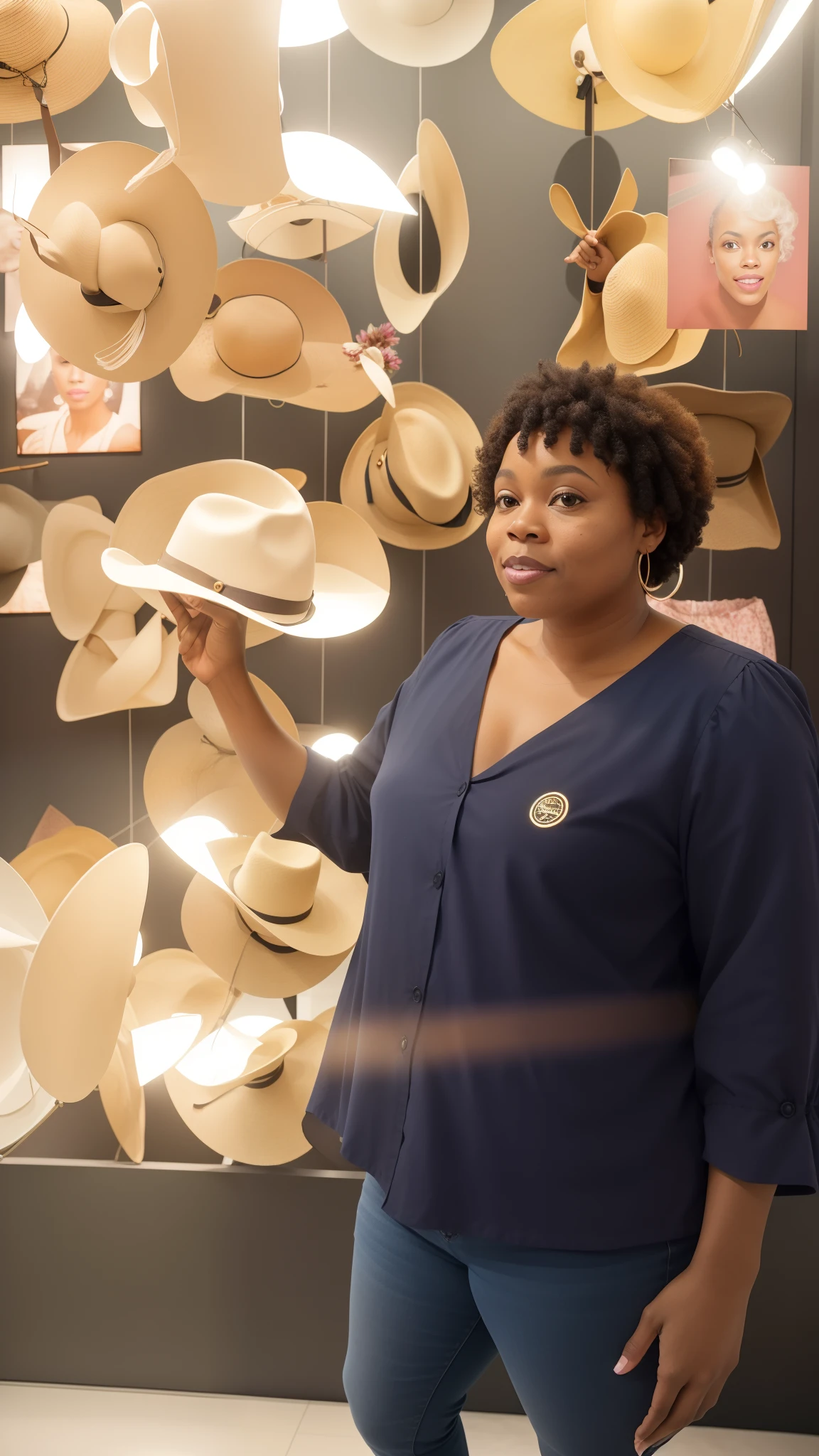 There is a black woman with short, curly hair standing in front of a hat exhibition, Directed by: Andrée Ruellan, Directed by: Pamela Ascherson, Miranda Meeks, iluminado pelo sol, Alana Fletcher, Directed by: Amédée Ozenfant, Imagem promocional, promo ainda, curador do museu, Directed by: Joy Garnett, iluminado, Noite ao entardecer, lindamente iluminado, foto ainda, imagem promocional
