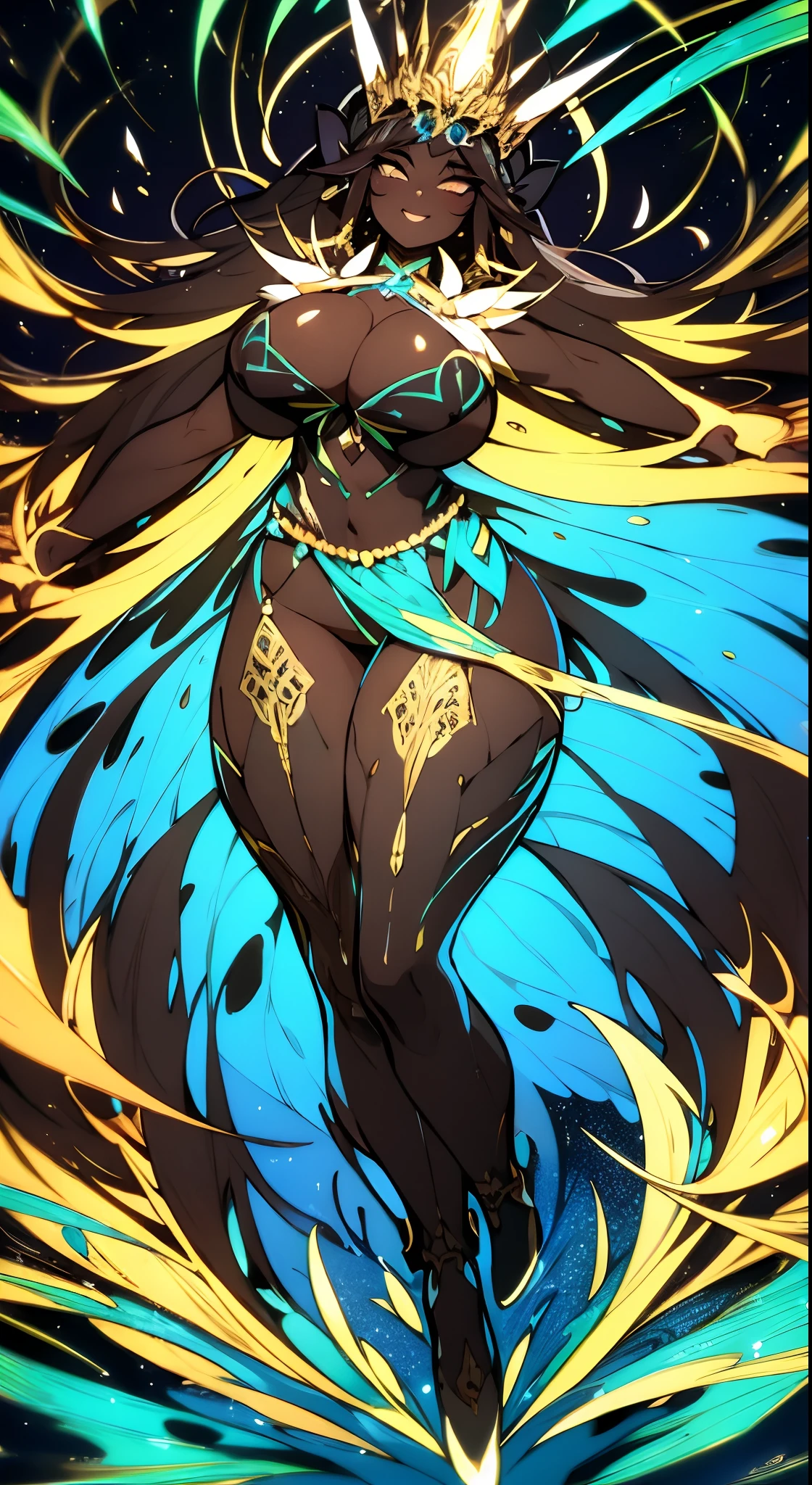 (dark brown skin:1.4), extreme tanned skin, magical, gothic clothing, black and white style, Cosmic Fallen Angel, glowing light eyes, puffy tiered rainbow ballgown, princess, intricate dress design, vibrant pastel colors, Biomechanical, eerie, Creepy, nightmarish, Very bright colors, Light particles, with light glowing, big cheeks, long legs, curvy, indigenous yellow and green breast painting, breast painted blue and yellow, indigenous yellow and green facial painting, honey eyes, full body image centered around the buxom young miller's exceptionally attractive with big breast and revealing exposed cleavage with wide hips and narrow waist and exuding an alluring and voluptuous physique that radiates warmth and sensuality, cheerfull and happy expression on her face, beautiful lips, detailed large eyes, Her eyes are a striking and inviting feature, realistic body details scar and fracture, extreme abnormally huge boobs,tranquil flower princess with soft hair dancing in the wind and intricately braided. Her sweet face has puffy, kissable lips and stunning, highly realistic eyes, hires eyes, 8k eyes, beautiful detail eyes, realistically shaded eyes, and realistic eyes in vibrant colors. She is wearing delicately detailed colourful fabric of gossamer silk and satin, midst of the most beautiful meadow in the world and is surrounded by beautiful flowers of varying sizes and colors, with delicate flowers dancing in the wind and creating a dynamic and compelling image