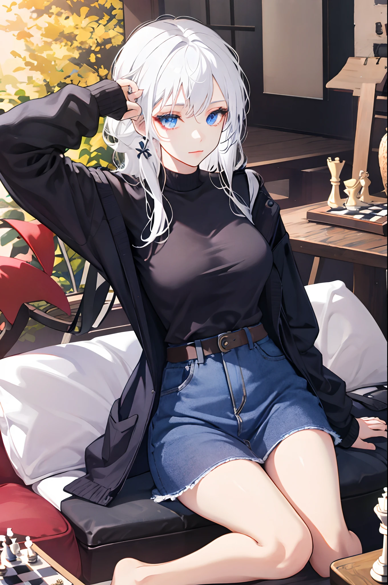 1girl in, White hair, bright blue eyes, Casual wear, Chess, Chessboard, Casual background, Beautiful eyes, Beautiful hair, masutepiece, 4K, hard disk, Detailed, Detailed face,