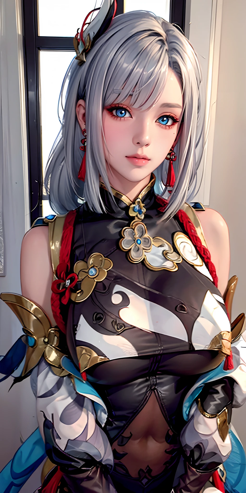 （（（shenhe_Genshin，hitman，Genshin Impact，Long_Hair, Blue_Eyes, bangs, Hair_polypubic hair_One_eye, Breasts, Hair_decorations, Large_Breasts, jewelry, Grey_Hair, White_Hair, nipple tassels, Earrings, Very_Long_Hair, Braid, breast enhancement_curtain）））,((Masterpiece)),A high resolution, ((Best quality))，tmasterpiece，top-quality，best qualityer，（（（ looking at viewert, There is light in the eyes））），（（（Light and shadow interlace，white skinned，gigantic cleavage breasts,huge boob，Raised ，laughingly，self-assured））），（（（Asian women in the United States, Surrealism female students, Korean girl, Surrealism female students, ulzzangs, Realistic schoolgirl, jaeyeon nam, sakimichan, , cute female student, Beautiful Anime High School Girls, Gorgeous young Korean woman））），