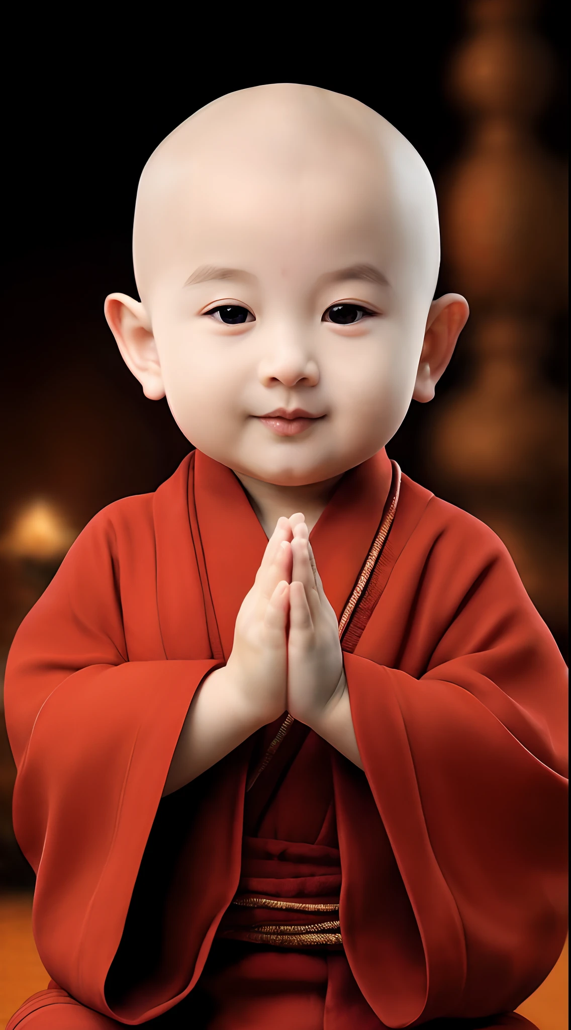 An Alafid baby in a red robe is sitting in prayer, lovely digital painting, Buddhist, blessing hand, buddhist monk, he is greeting you warmly, monk, monk clothes, Children, monk meditation, Serene expression, portrait shooting, in red robes, monk, portrait of monk, Innocence, kiddy big breasts, Buddhism, ********** wearing nun outfit