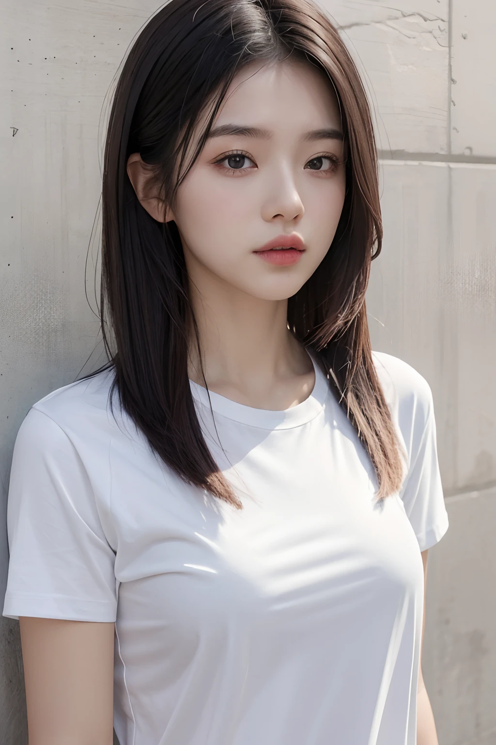 1girl in、white t-shirts、Concrete background、Medium hair、top-quality、Top image quality、8K