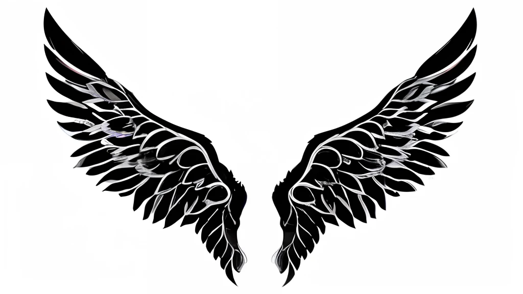 Black and white image of a heart and two wings, Black wings instead of arms, large wings, 2 wings, Symmetrical wing, symmetrical wings, Infinite Angel Wings, Detailed wings, Black Angel Wings, eagle wings, Feather wings, Black wings, the angel's wings, Infinite Angel Wings, Open Wing, Wings, Hawkwings, large angel wings on the back, wings spread