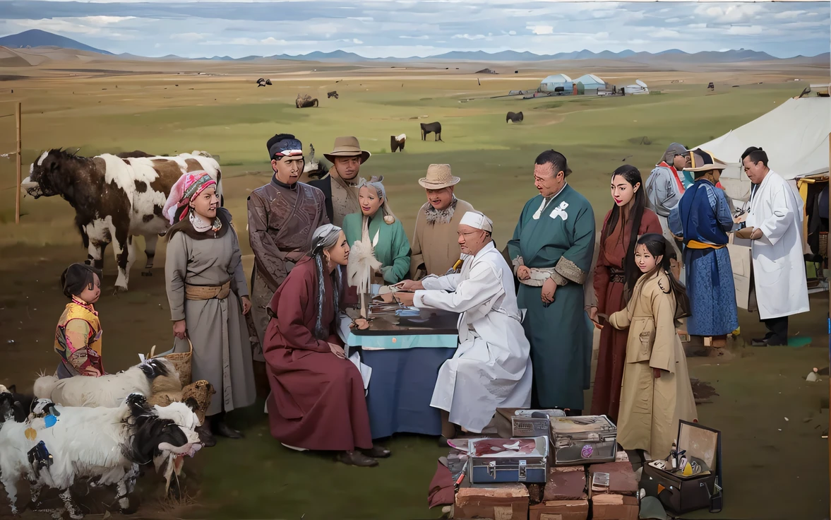 Painting of a group of people standing at a table, ancient mongolian elon musk, Mongolia, sci - fi mongolian village, In the steppe, alexander abdulov, kent monkman, sergey krasovskiy, historically accurate, mongol, yulia nevskaya, maxim sukharev, alexey egorov, wondrous