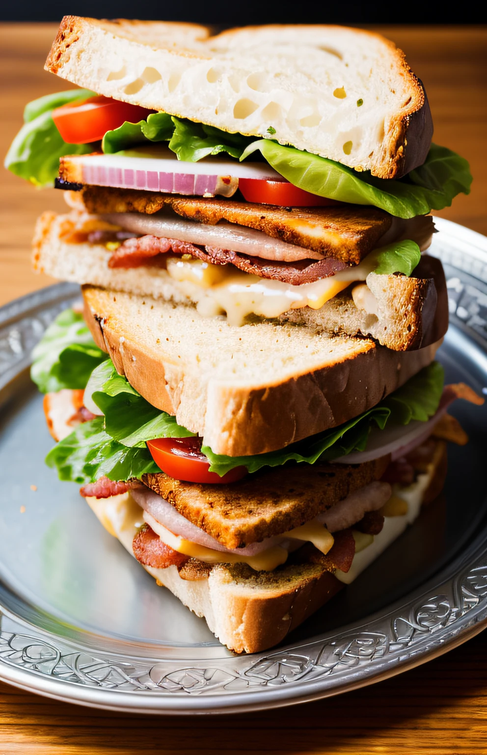 photo of a scrumptious BLT sandwich with extra bacon, (rustic diner background)+, seed bread, pepper jack cheese, (intricate details:1.12), hdr, (intricate details, hyperdetailed:1.15)