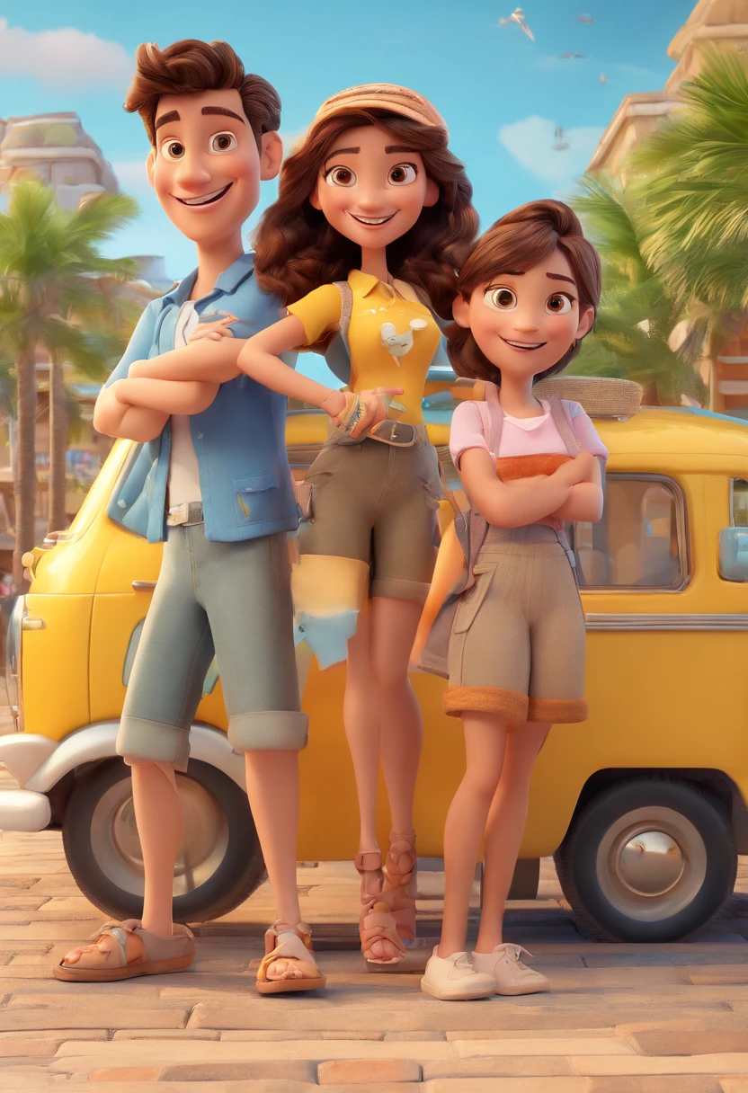 Cartoon of friends having fun on vacation together, 3D Animation Movie Poster, Poster de filme animado, pixar 3 d animation style, pixar renderman rendering, maia 8 mil, animated film, Disney Pixar Estilo 3D, amigos felizes saem juntos, all wearing light blue shirts and cream brown long pants, camisa azul clara, cream brown pants, ao ar livre, vacation, Disney Pixar animation poster in Vila Velha park