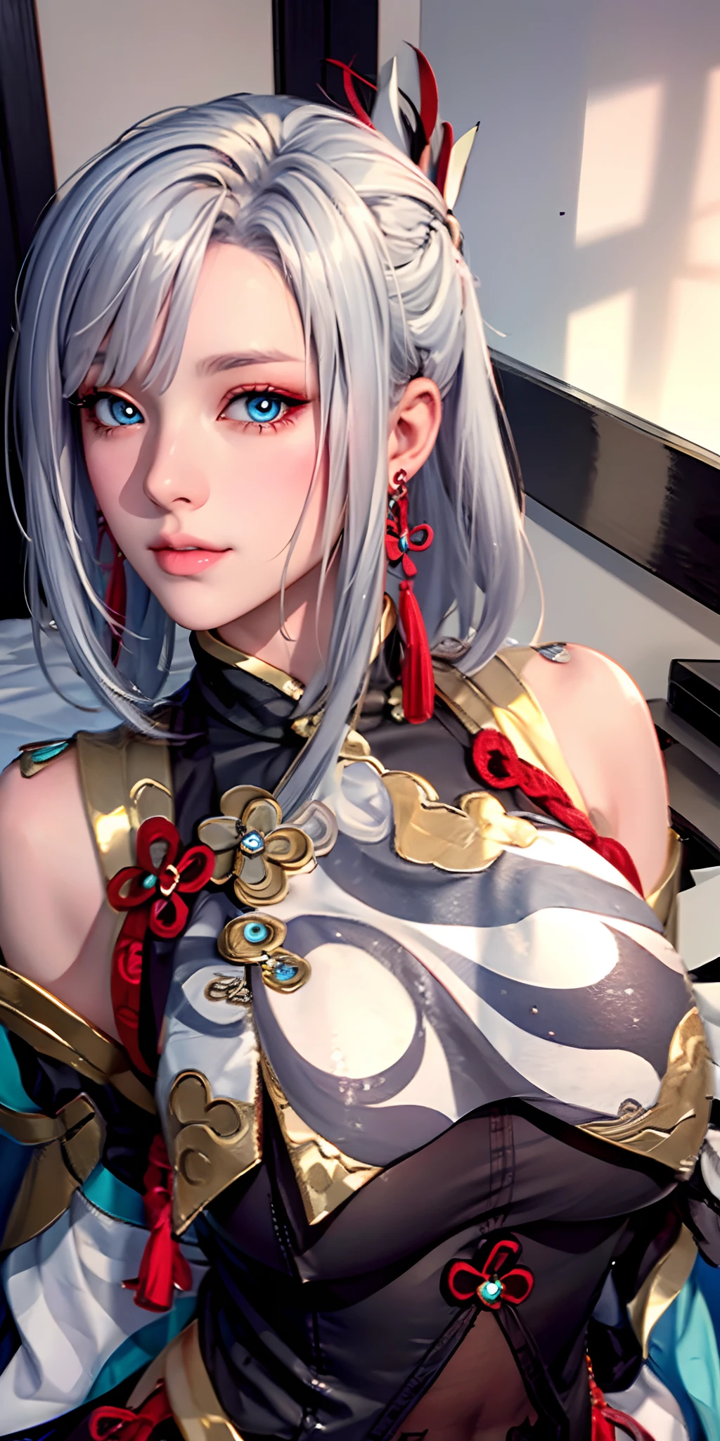 (((shenhe_Genshin,hitman,Genshin Impact,Long_Hair, Blue_Eyes, bangs, Hair_polypubic hair_One_eye, Breasts, Hair_decorations, Large_Breasts, jewelry, Grey_Hair, White_Hair, nipple tassels, Earrings, Very_Long_Hair, Braid, breast enhancement_curtain))),((Masterpiece)),A high resolution, ((Best quality)),tmasterpiece,top-quality,best qualityer,((( looking at viewert, There is light in the eyes))),(((Light and shadow interlace,white skinned,gigantic cleavage breasts,huge boob,Raised ,laughingly,self-assured))),(((araffe woman in a black dress sitting on a bed, Korean girl, Gorgeous young Korean woman, beautiful Korean women, gorgeous chinese models, Korean woman, photo of slim girl, Beautiful young Korean woman, Attractive pose, trending at cgstation, 2 4 year old female model, pretty face with arms and legs, Chinese girl, from below))),