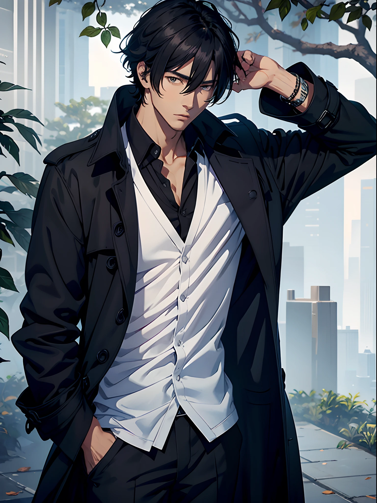 black tree leaves, handsome anime man in a long trench coat, casual style
