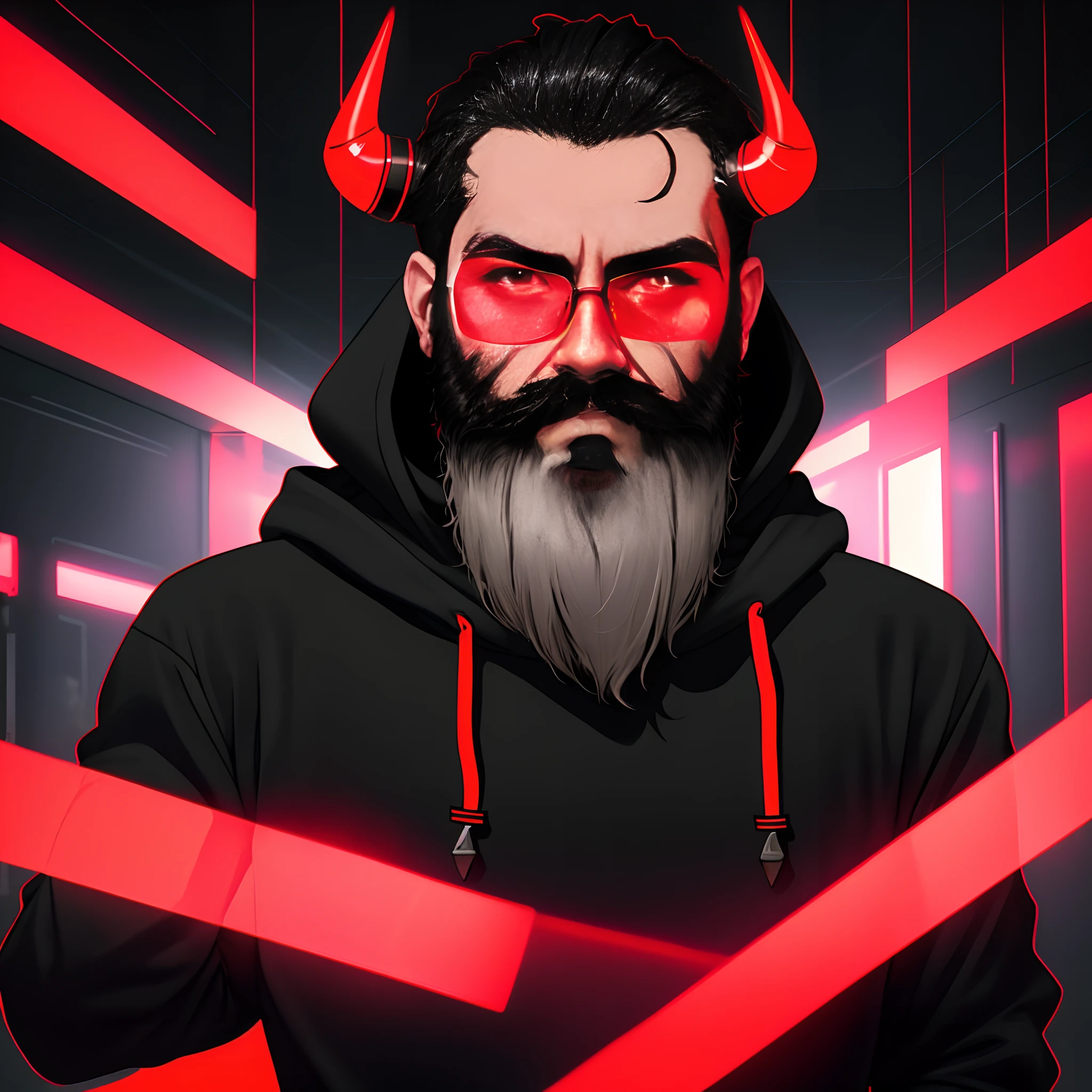 Bearded Man wearing a black hoodie, head turn left, red neon Horns over his head, red glare over the man