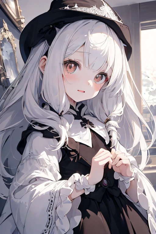 Beautiful illustration，Best quality at best，A cold  girl，（Transform the sequence），Transform into a magical girl，tchibi，Black magical girl，s fractal art，albinism，a baby fblack and white reticulated hair，beautiful detailed brown eyes，cinmatic lighting，cowboy lens，looking at viewert，From the bottom，cheerfulness