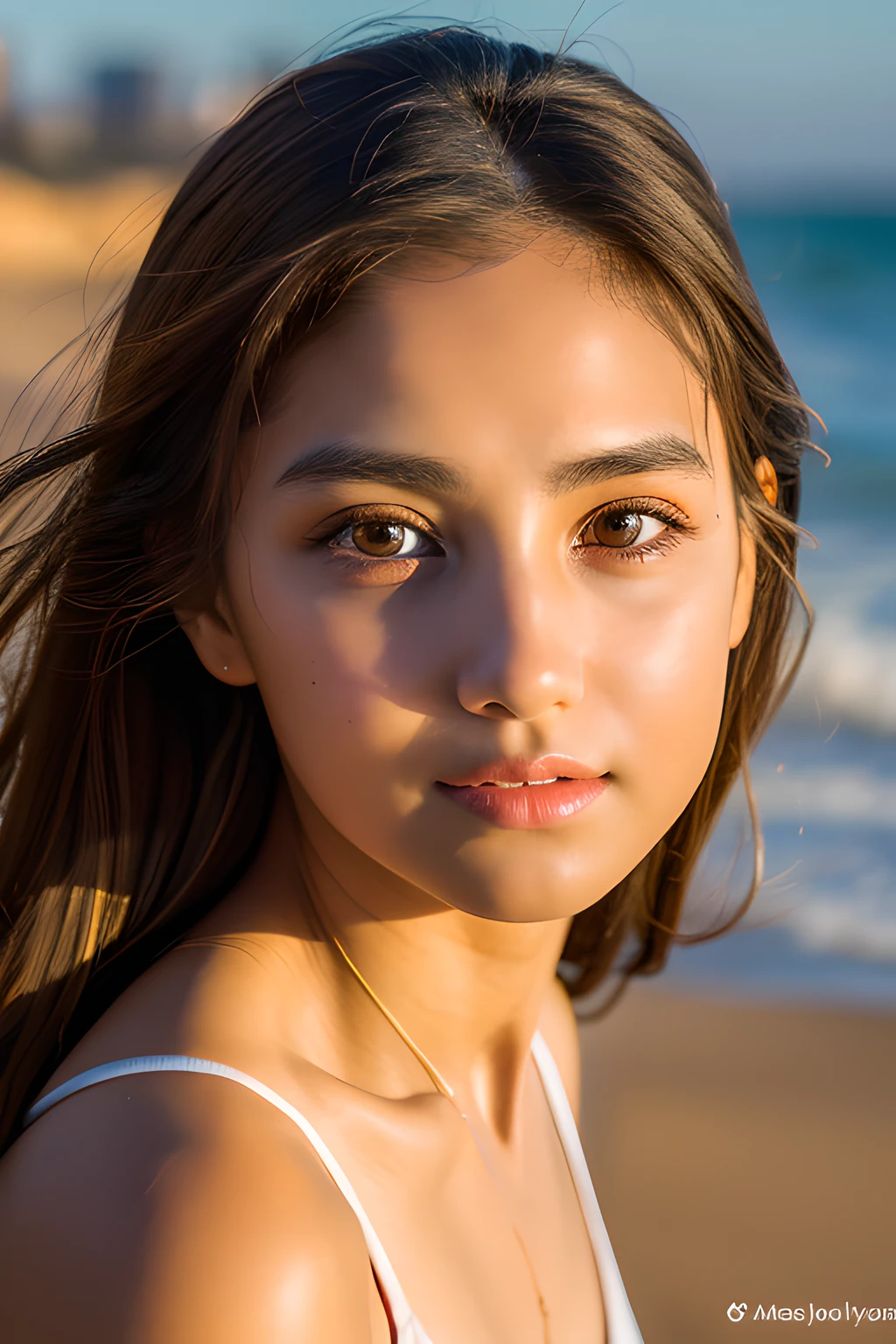 1girl,detailed eyes,detailed face,heart-shaped face, half body portrait photography,golden hour lighting,natural light, beach background,8k,UHD,intricately detaile