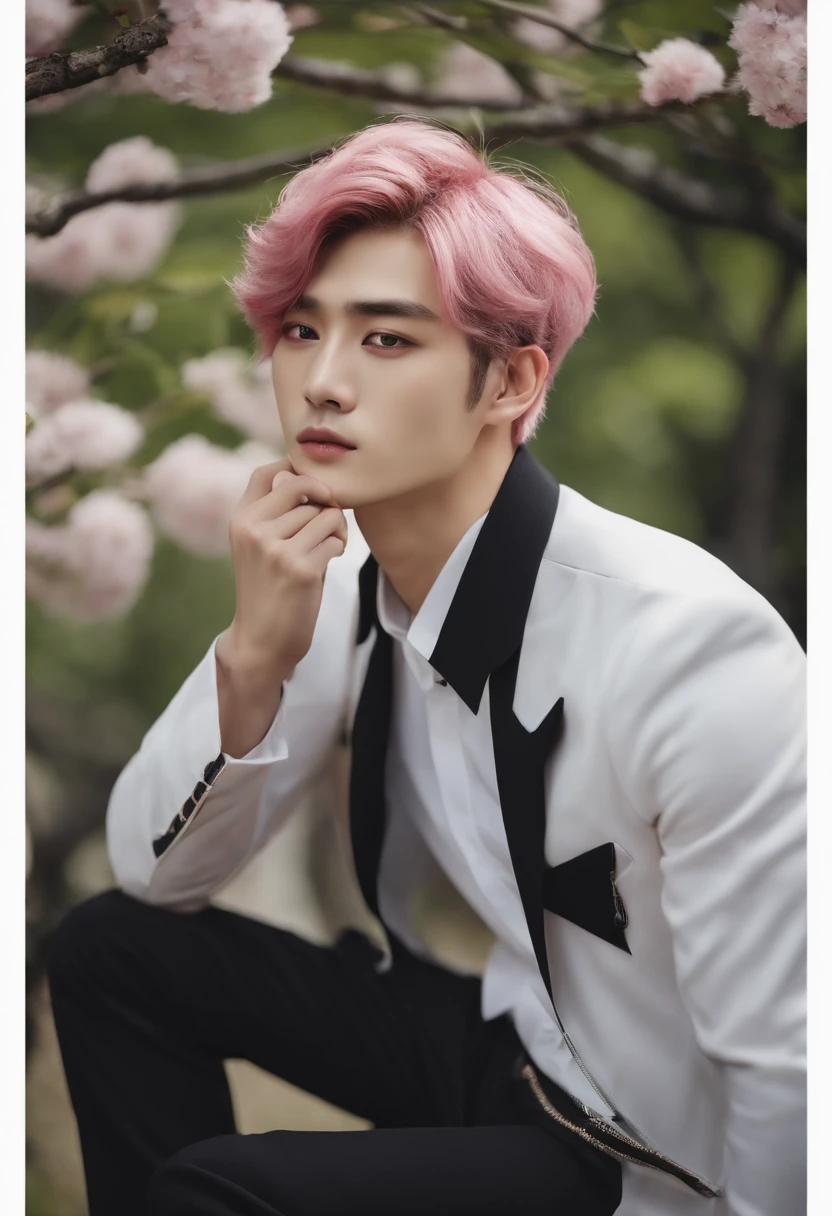 Korean, Male, 24 years old, Pink hair, Thin macho, Under the cherry tree, fragile, handsome
