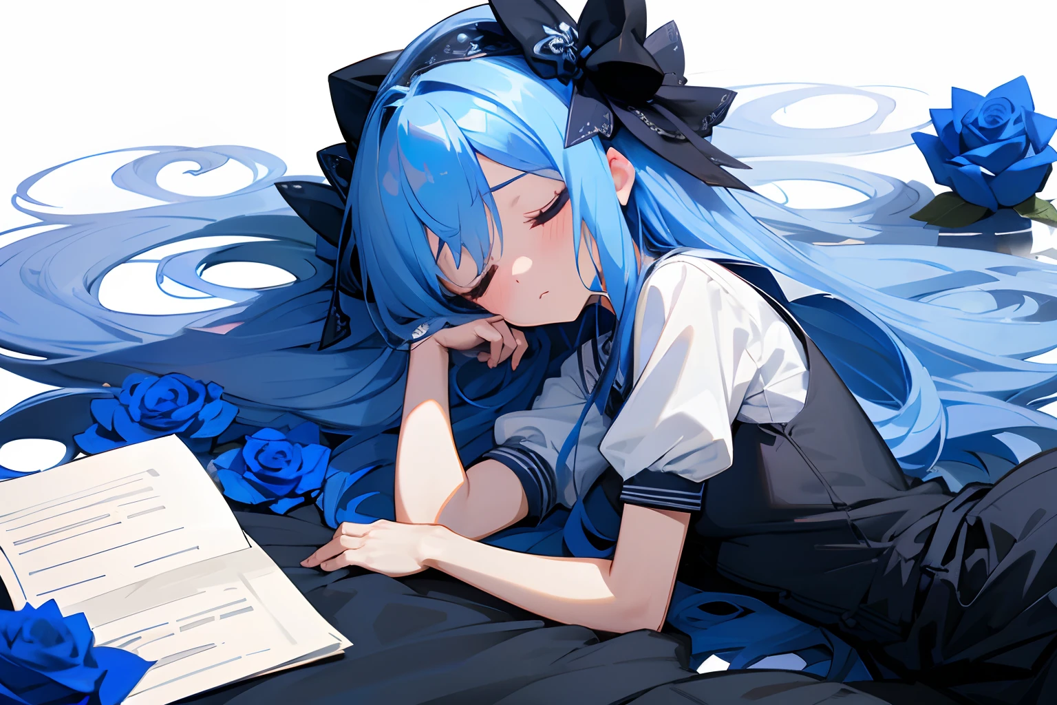 blue rose girl, rose on hair, hair accessories, adult, teacher, teacher clothes, blue hair, hd, ultra quality, wide angle, long shot, tired eyes, tired, sleep-deprived, campus, academy