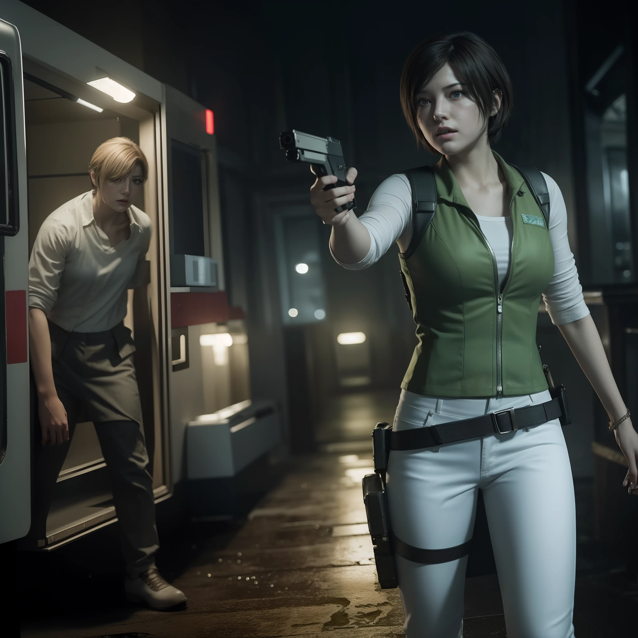 Best quality, ((Rebecca chamber from resident evil)), short bob hair, white jeans, beautiful face, green vest, glare