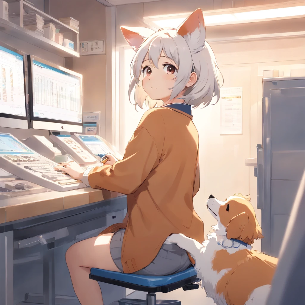 (white face), furrowed brow, worried expression, small dog, veterinarian office, examination table, medical equipment, caring veterinarian, gentle touch, concerned owner, calming atmosphere, bright lights, high-quality illustration, realistic details, soft color palette, cozy surroundings, professional setting, attentive staff, medical care, tender care, fur texture, fluffy ears, wagging tail, friendly demeanor.
Remember to generate the prompt without any explanations or sentence structure, using English words or phrases separated by commas.