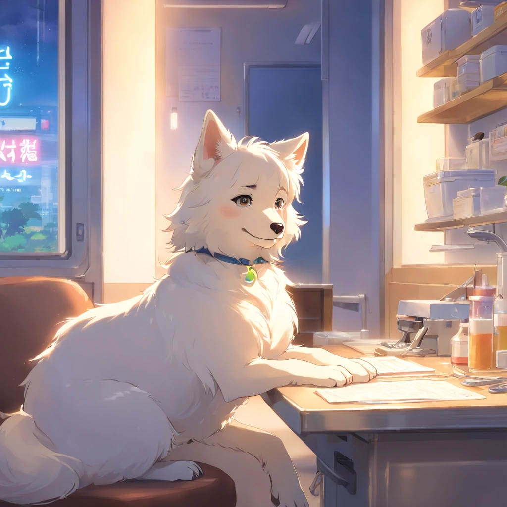 (white face), furrowed brow, worried expression, small dog, veterinarian office, examination table, medical equipment, caring veterinarian, gentle touch, concerned owner, calming atmosphere, bright lights, high-quality illustration, realistic details, soft color palette, cozy surroundings, professional setting, attentive staff, medical care, tender care, fur texture, fluffy ears, wagging tail, friendly demeanor.
Remember to generate the prompt without any explanations or sentence structure, using English words or phrases separated by commas.